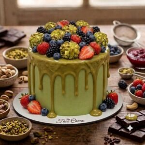 Bolo gourmet de pistache com frutas vermelhas